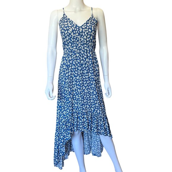Pacific Vibes Blue Floral High-Low Maxi Dress 100% Rayon Smocked Back Womens XL - Picture 1 of 4